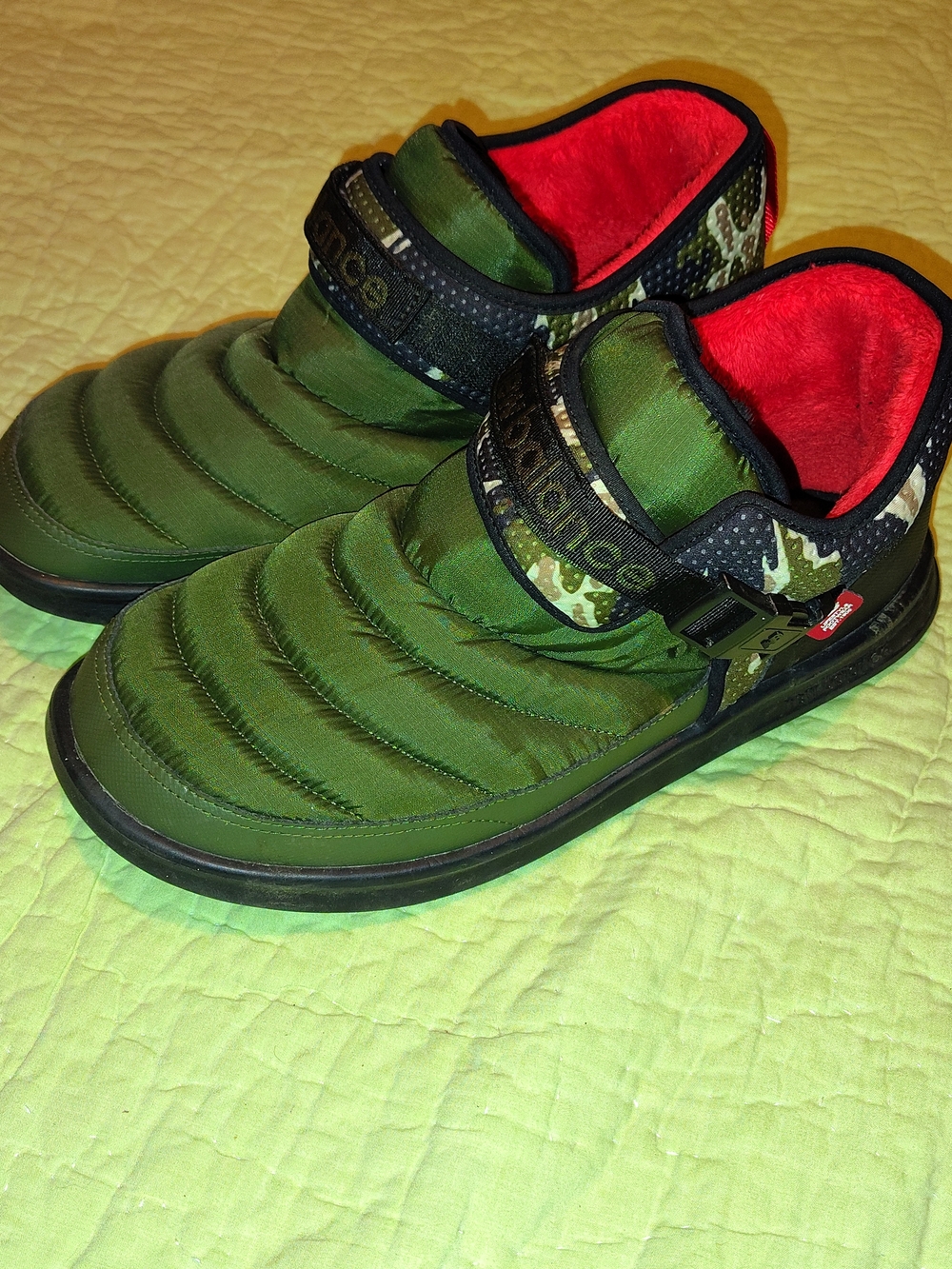 New Balance Green Quilted Slip-On Loafers with Camouflage Straps and Red Lining